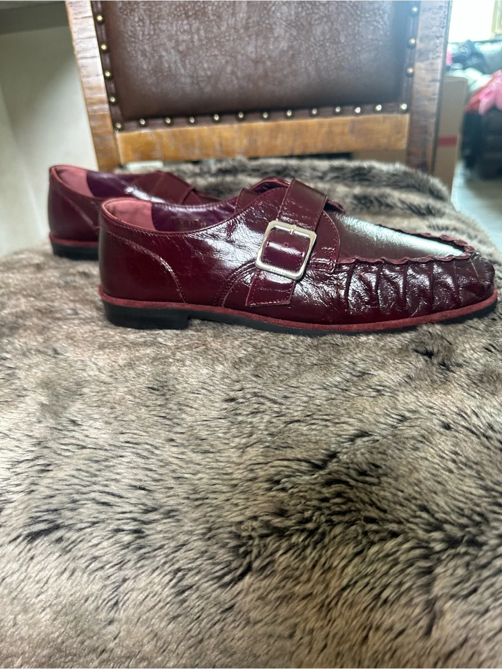 ALOHAS Burgundy Leather Monk-Strap Quiet Luxury Loafers, Size 40